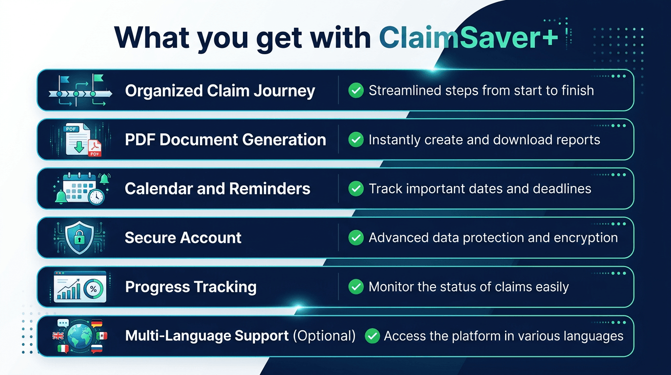 Overview of tools and benefits included with ClaimSaver+